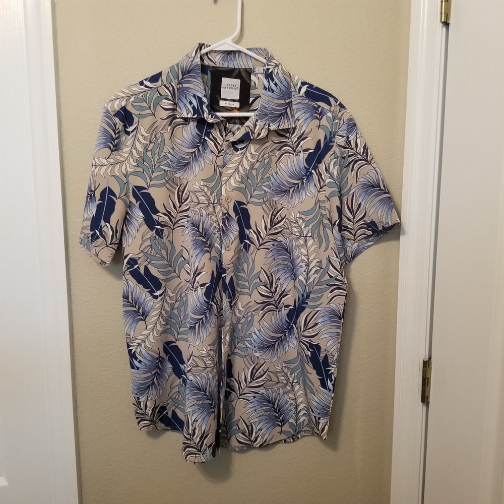 Essex Crossing Men Blue Tan Palm Leaf Tropical Stretch Short Sleeve Button SizeL